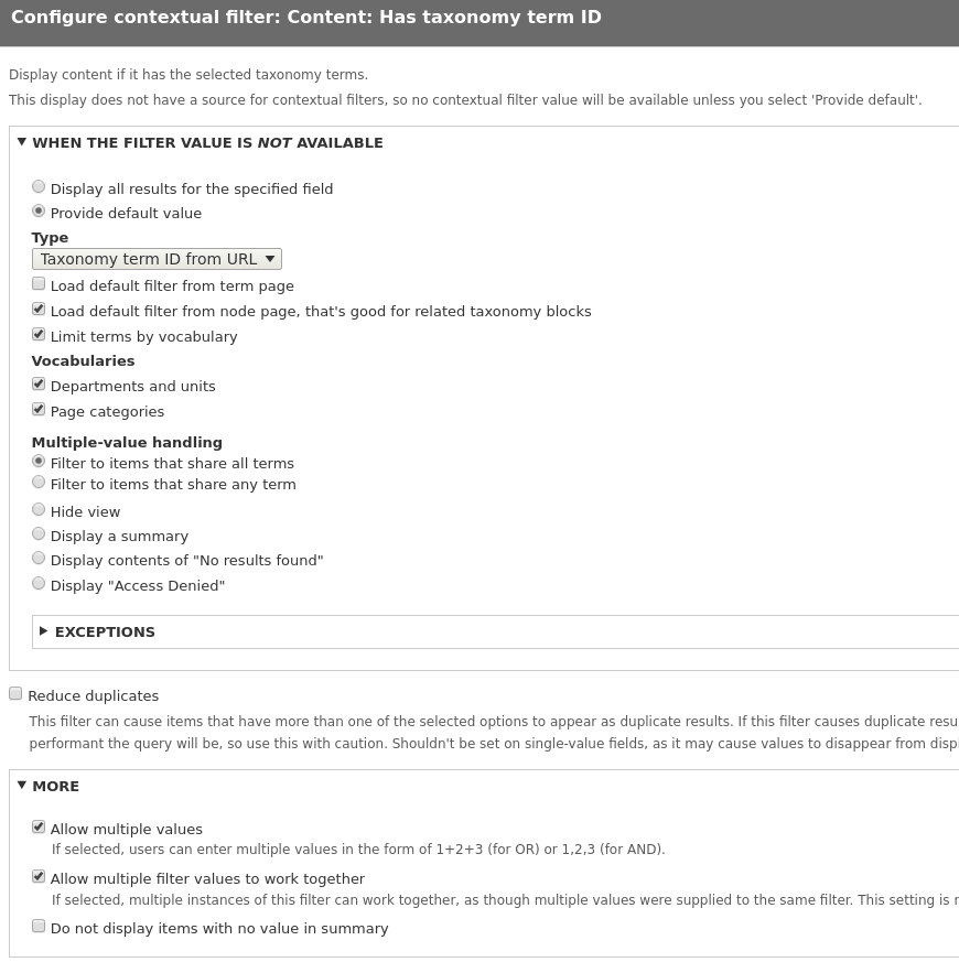 Contextual filter settings