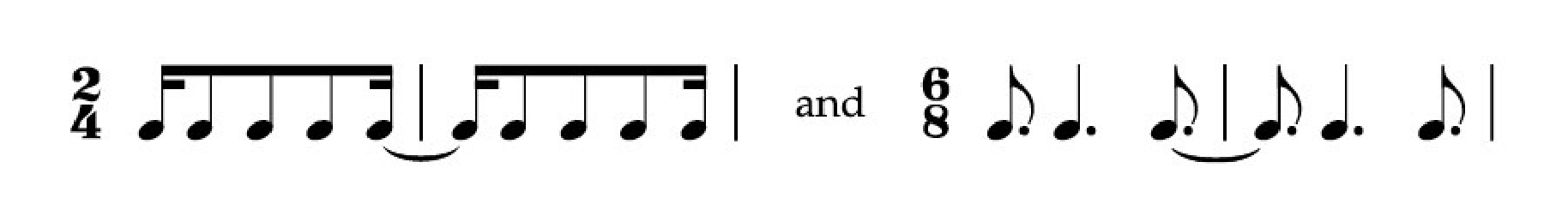 1. Two measures in 2/4: each composed of a semiquaver beamed with three quavers and another semiquaver.  A tie connects the semiquavers across the barline.  "and"  2. Two measures in 6/8: each a dotted quaver, a dotted crotchet, and another dotted quaver.  Again, a tie connects the notes across the barline.