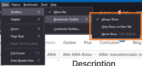 View menu in Firefox, with the following options for the bookmarks toolbar: Always Show, Only Show on New Tab, Never Show