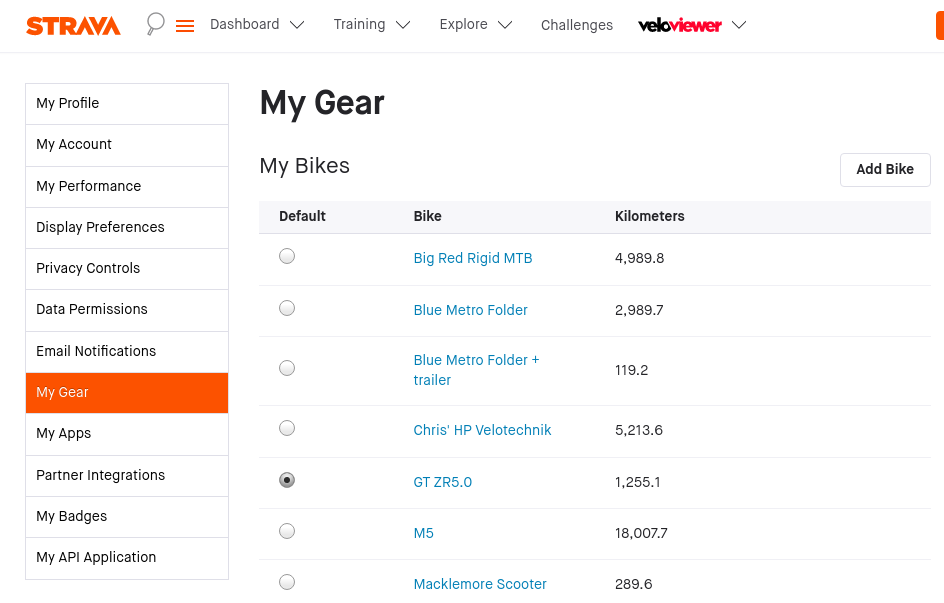 Screenshot of Strava Settings-> My Gear area