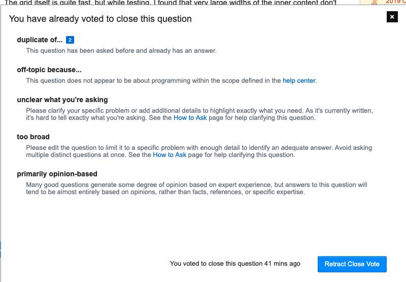 Close vote dialog with header "You have already voted to close this question"