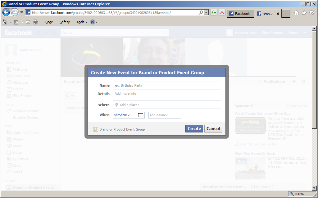 Image of creating an event when logged into a personal account that has been assigned as the administrator of a Facebook Group