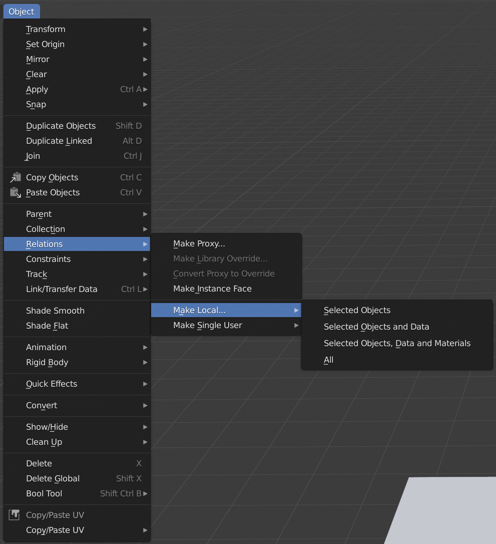 Object menu showing Make Local options