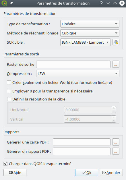 QGis Georeferencer, Transformation Window Plugin Window