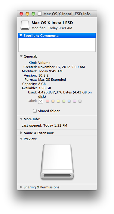 Mac OS X Install ESD Finder Info window