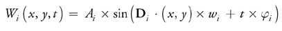 Wi(x, y, t) = Ai * sin(Do • (x, y) * wi + t * Pi)