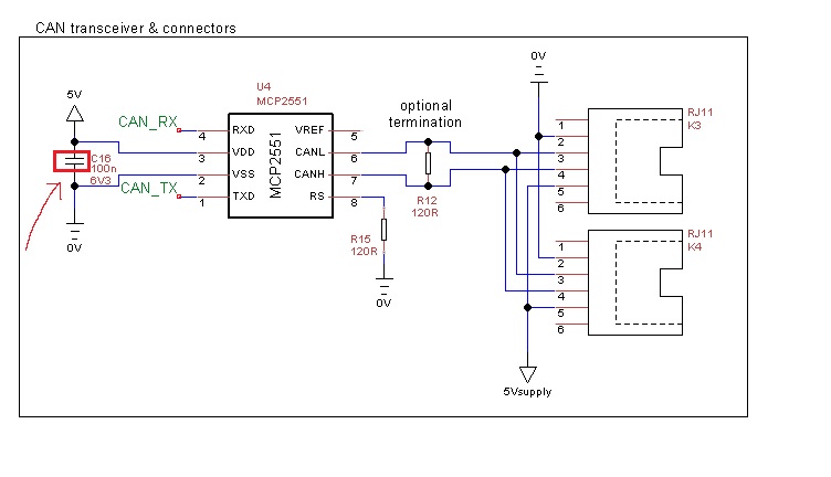 Example schematic showing a MCP2551 with 100nF capacitor between VDD and VSS