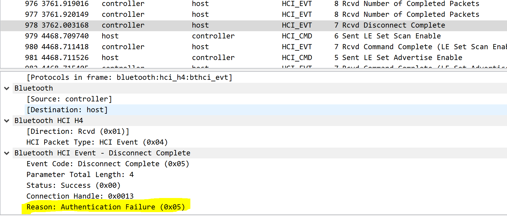 Wireshark Bluetooth Disconnect Event Packets