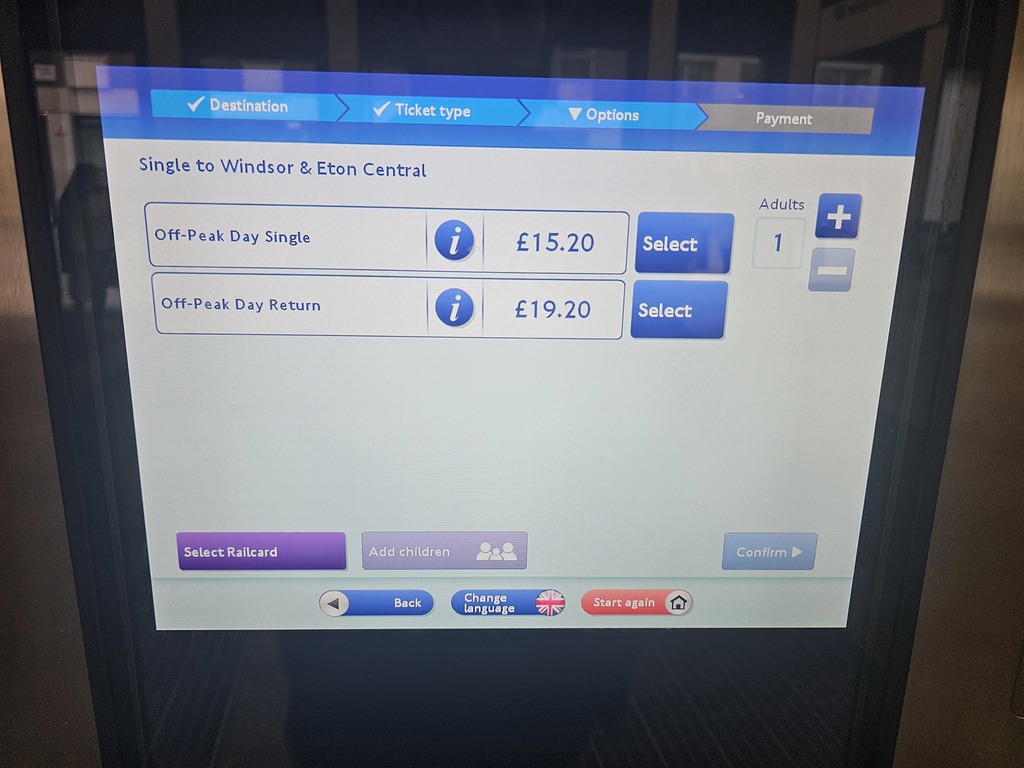 Ticket type selection of Elizabeth Line TVM