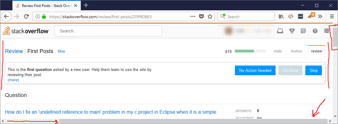 StackOverflow review page in a browser, scrolled 100% right at top of page