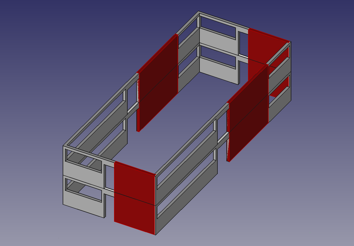 screenshot of a CAD model showing a rectangular structure with many windows and doors with 4 shear walls -- one on each exterior wall, which are reflectionally symmetric with one another