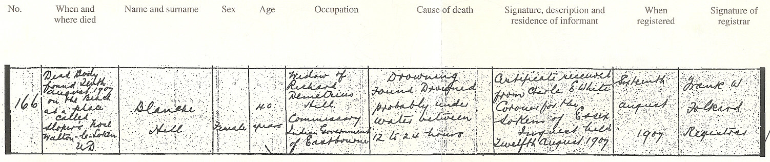 Death Certificate of Blanche Hill, Aug 1907