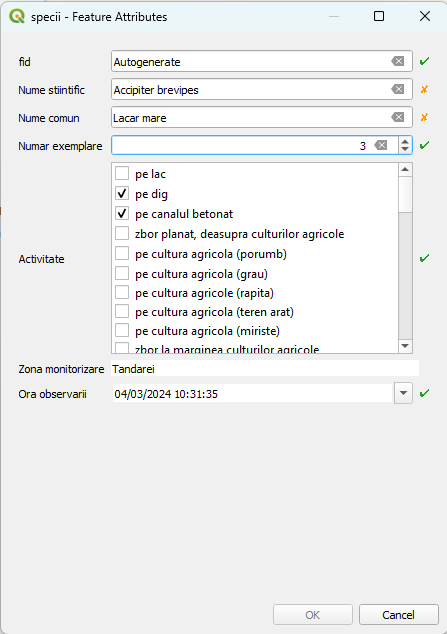 This is what I see when I want to add an entry to the "specii" layer in QGIS Desktop; it works well