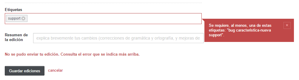 Se requiere, al menos, una de estas etiquetas: "bug caracteristica-nueva support".