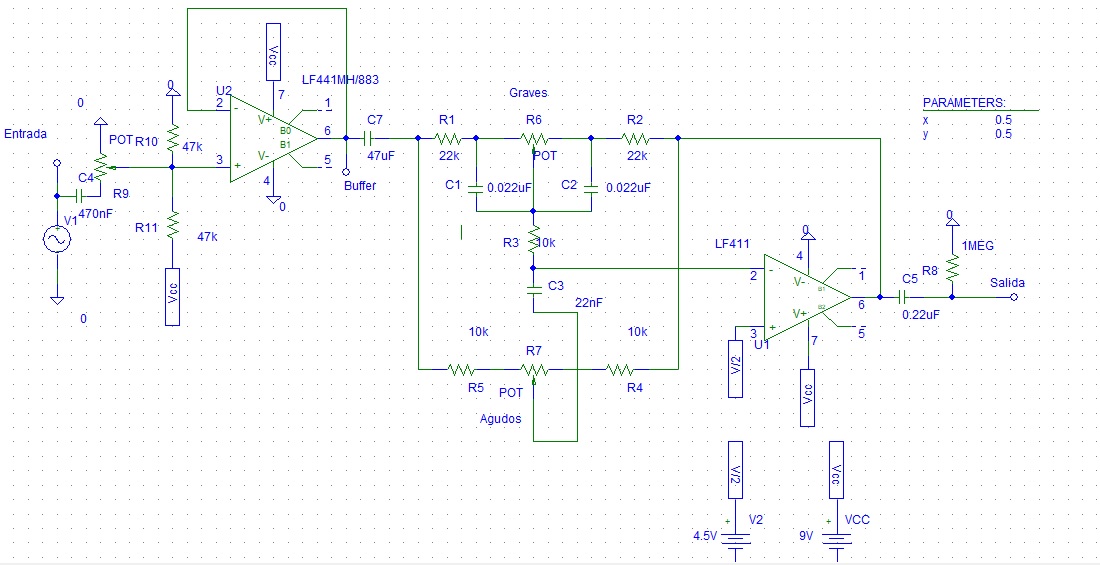 Schematic of my circuit consisting of a buffer and a baxandall