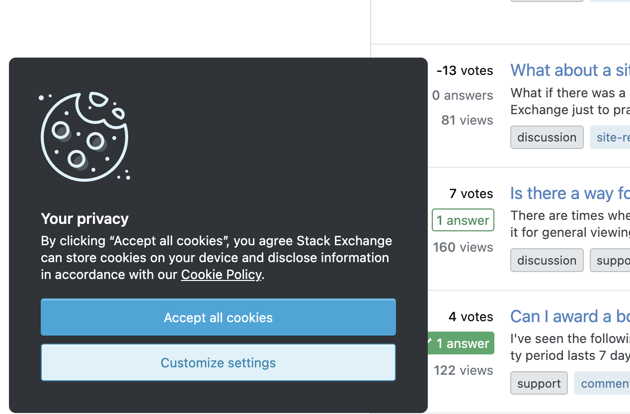 screenshot of the current cookie dialog with two buttons "Accept" and "Customize"