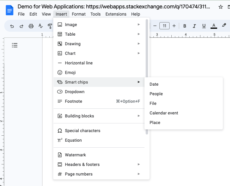 Google Docs editor - Insert menu > Smart chips