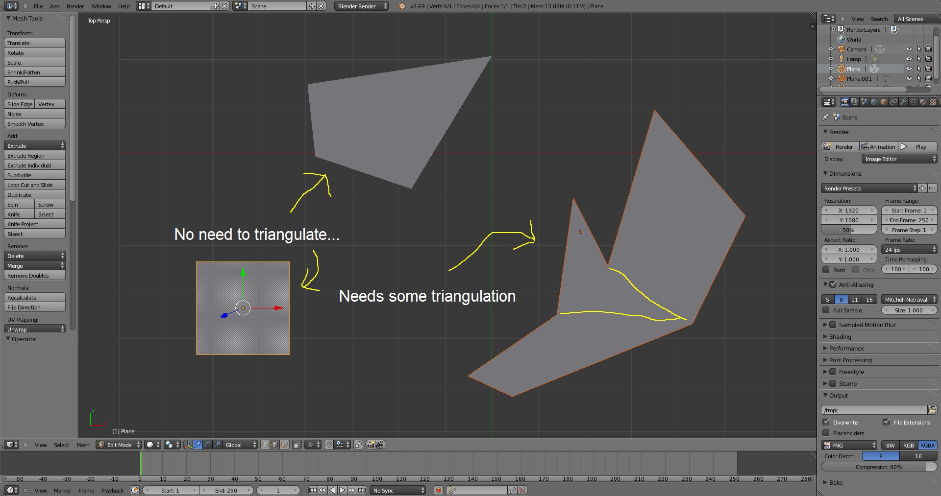 Blender screenshot showing some convex polygons that do not need triangulation, and concave ones who do need it.