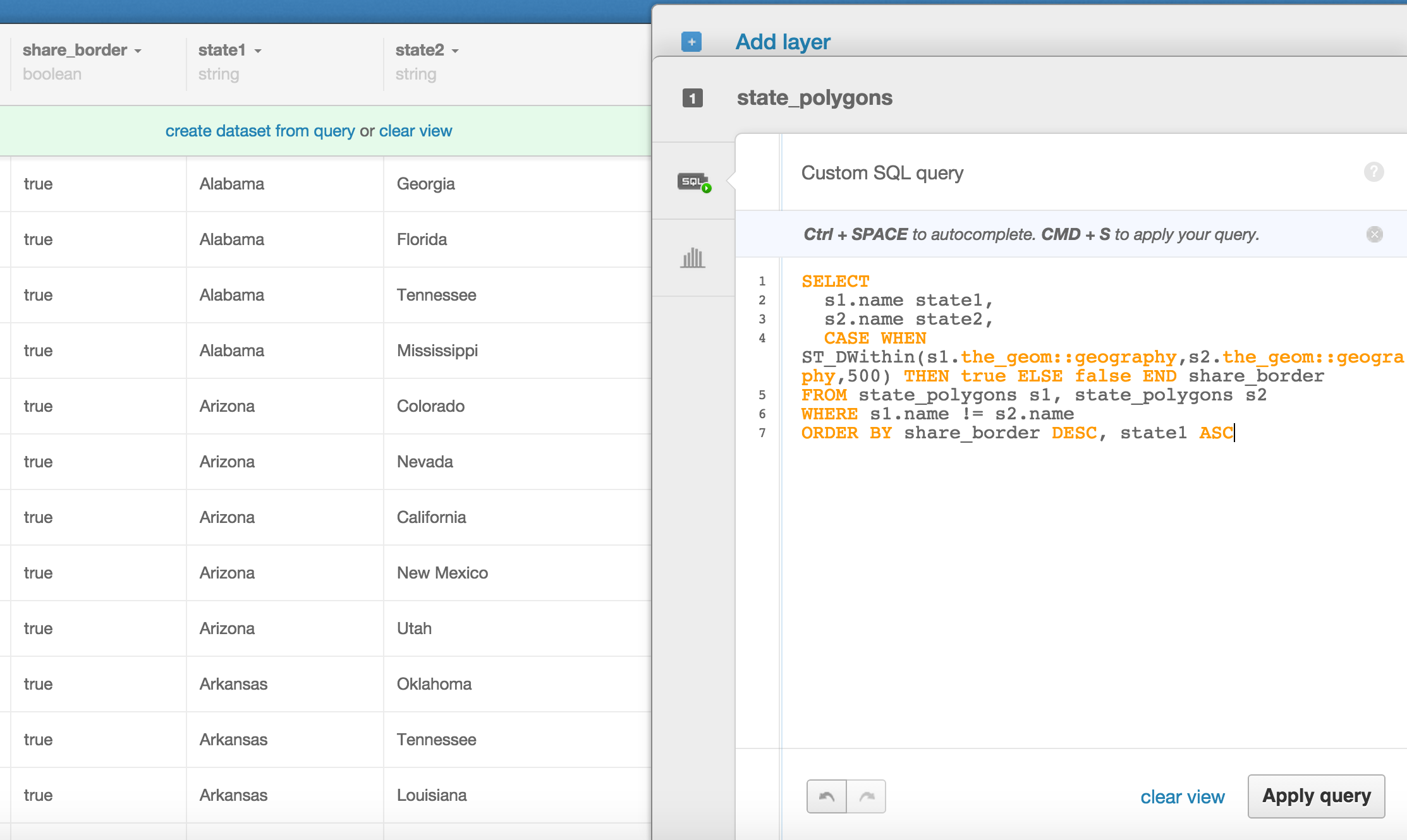 screen cap of postgis query