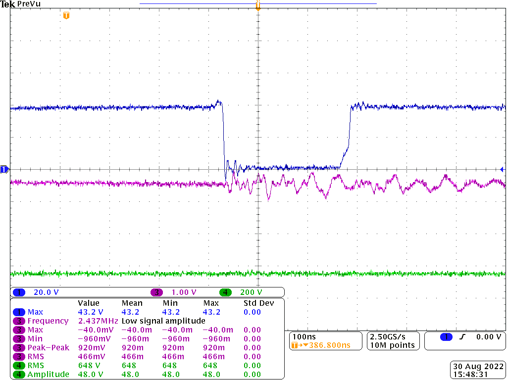 Yellow (switching VDS), green (output voltage) and purple (operational amplifier buffer output voltage) waveforms