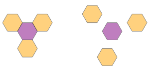 Face down hexagons adjacent or almost adjacent to face up 1-triangle