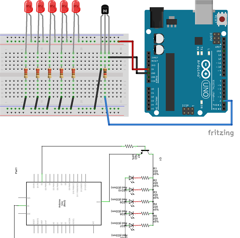 Power five LEDs from one digital pin