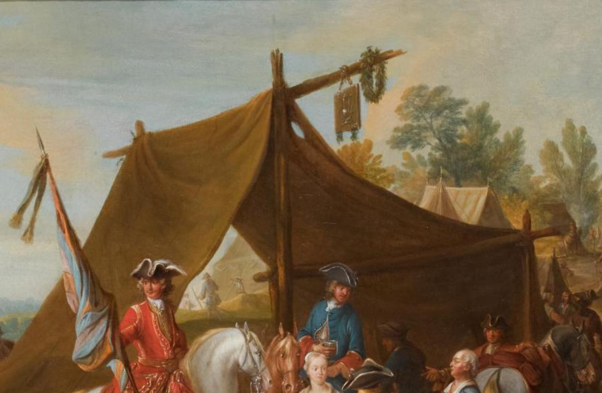 A painting of an 18th century military camp.  Men on horses are in front of a tent constructed of canvas draped over a horizontal pole; on the pole there is a wooden sign and a wreath of greenery.