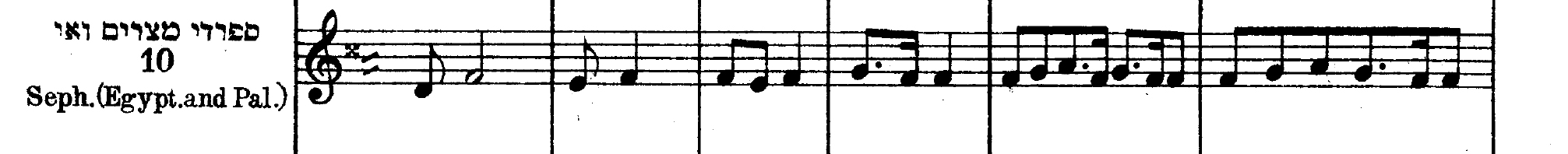 Music staff with Hebrew letters (“ספררי טערים ואי”) and “Seph. (Egypt. and Pal.)”, and an unusual key signature: a cross symbol (“x”) on the C position, and an angled line for the G and B positions (or perhaps a pair of angled lines (“//”) about the A position).