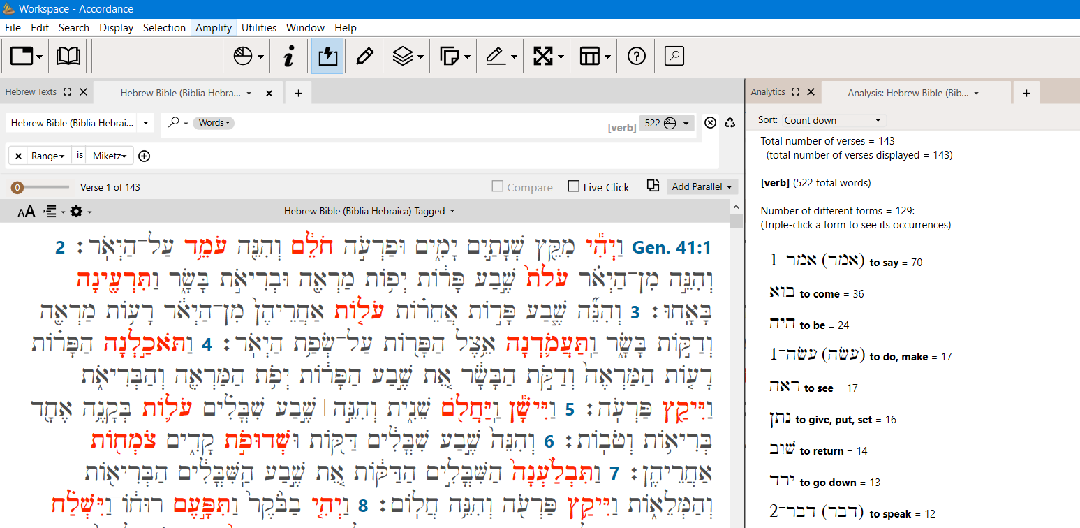 Accordance program screen capture. Left: Miketz with the verbs highlighted. Right: a frequency count of verbs by root.