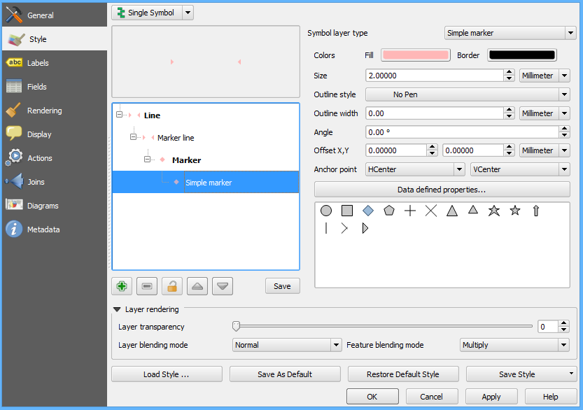 Marker Line with Multiply Blending in QGIS