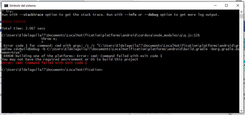 cuando intento darle cordova build android
