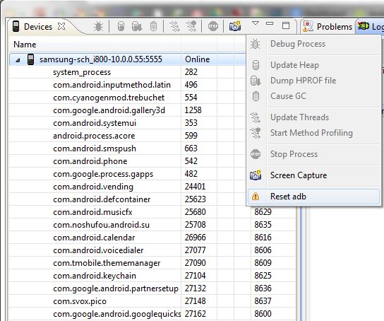 Eclipse reset adb