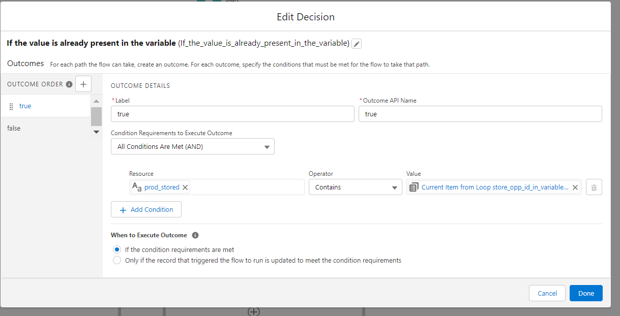 Decision element used to not store duplicate values to variable