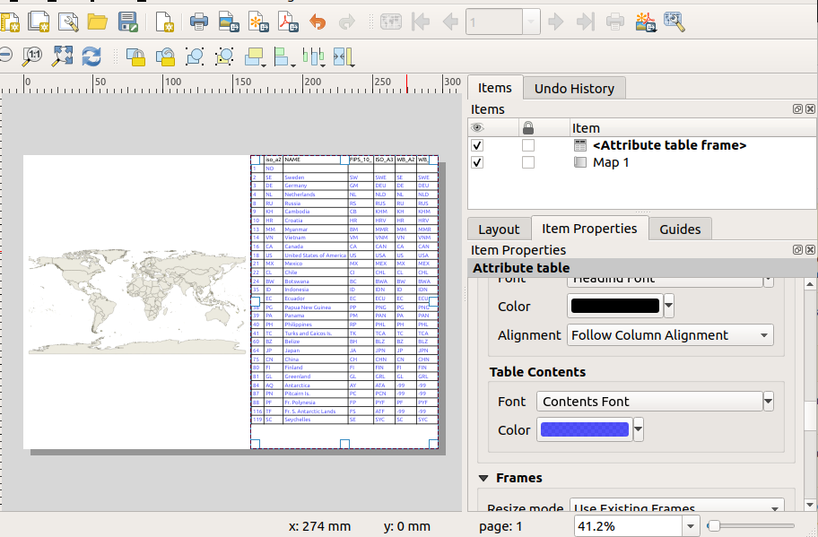 Attribute table in a layout