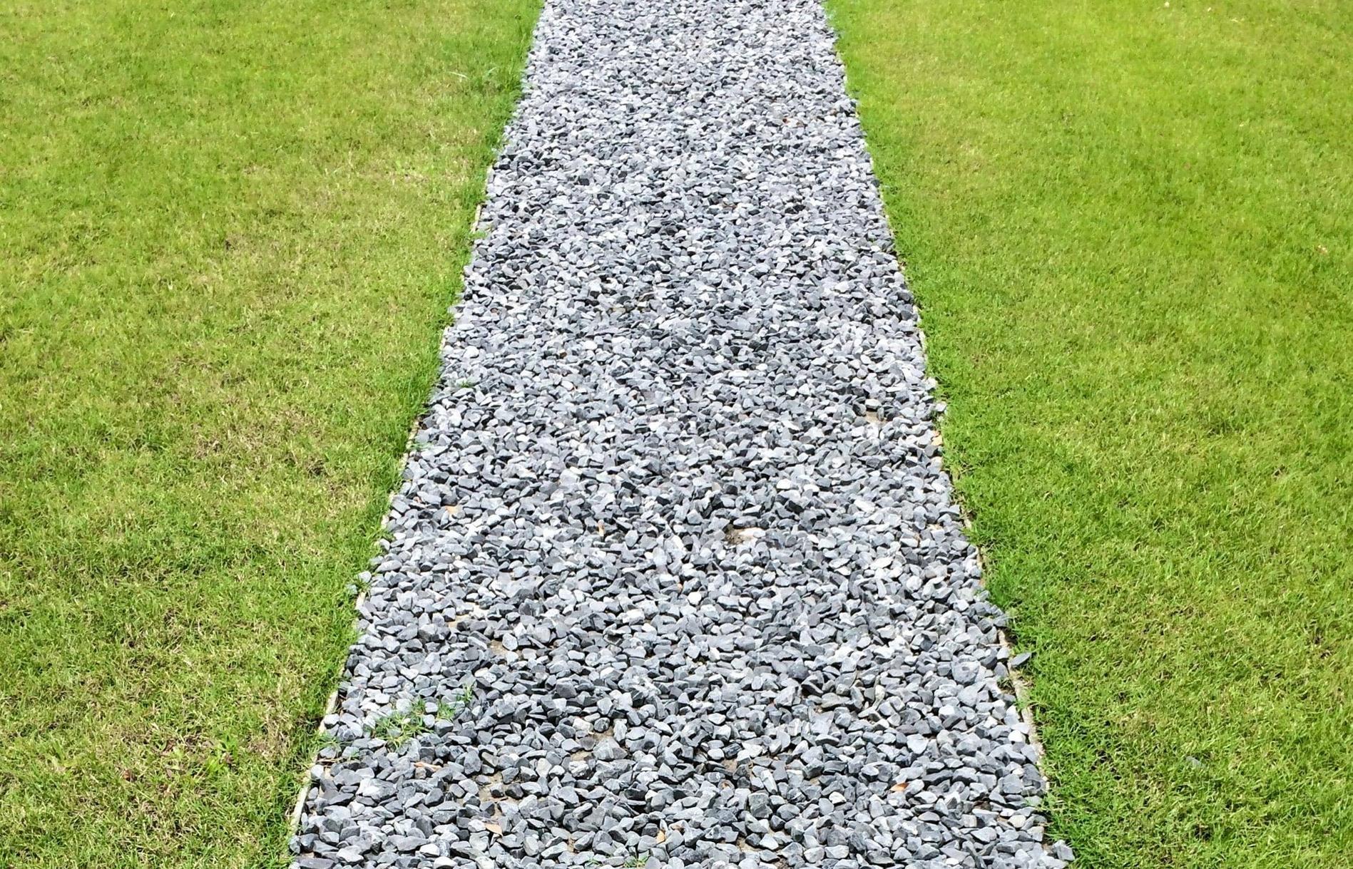 An example of lawn with a path with rocks. Mine will be fake grass with a curved border