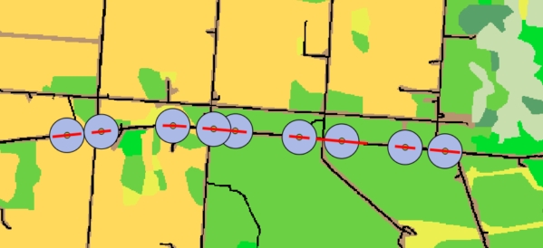 Hot spot / Cold spot road segments with radial buffer sample on median