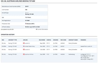 Image of planespotters.net registration info for the 737