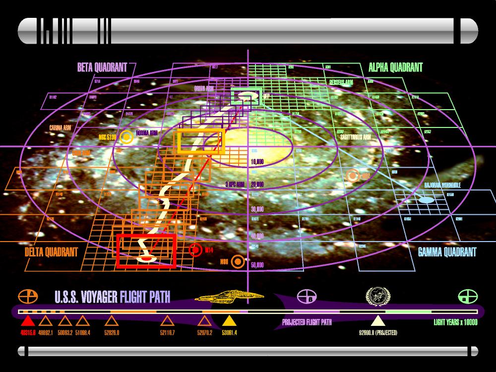 Gridded map of the galaxy, shown in perspective view from above the plane of the galactic disk.  The path taken by Voyager from Delta Quadrant through Beta Quadrant is marked.