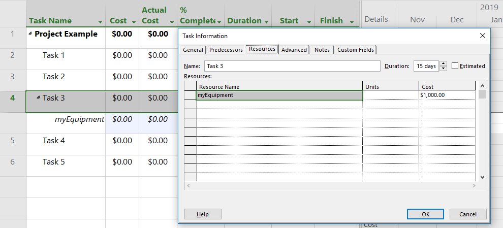 Cost Resource Setup in Task Information