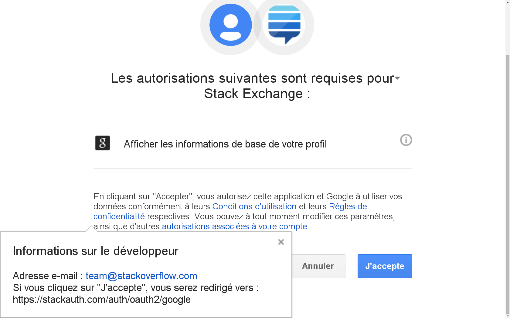 Google profile dialog