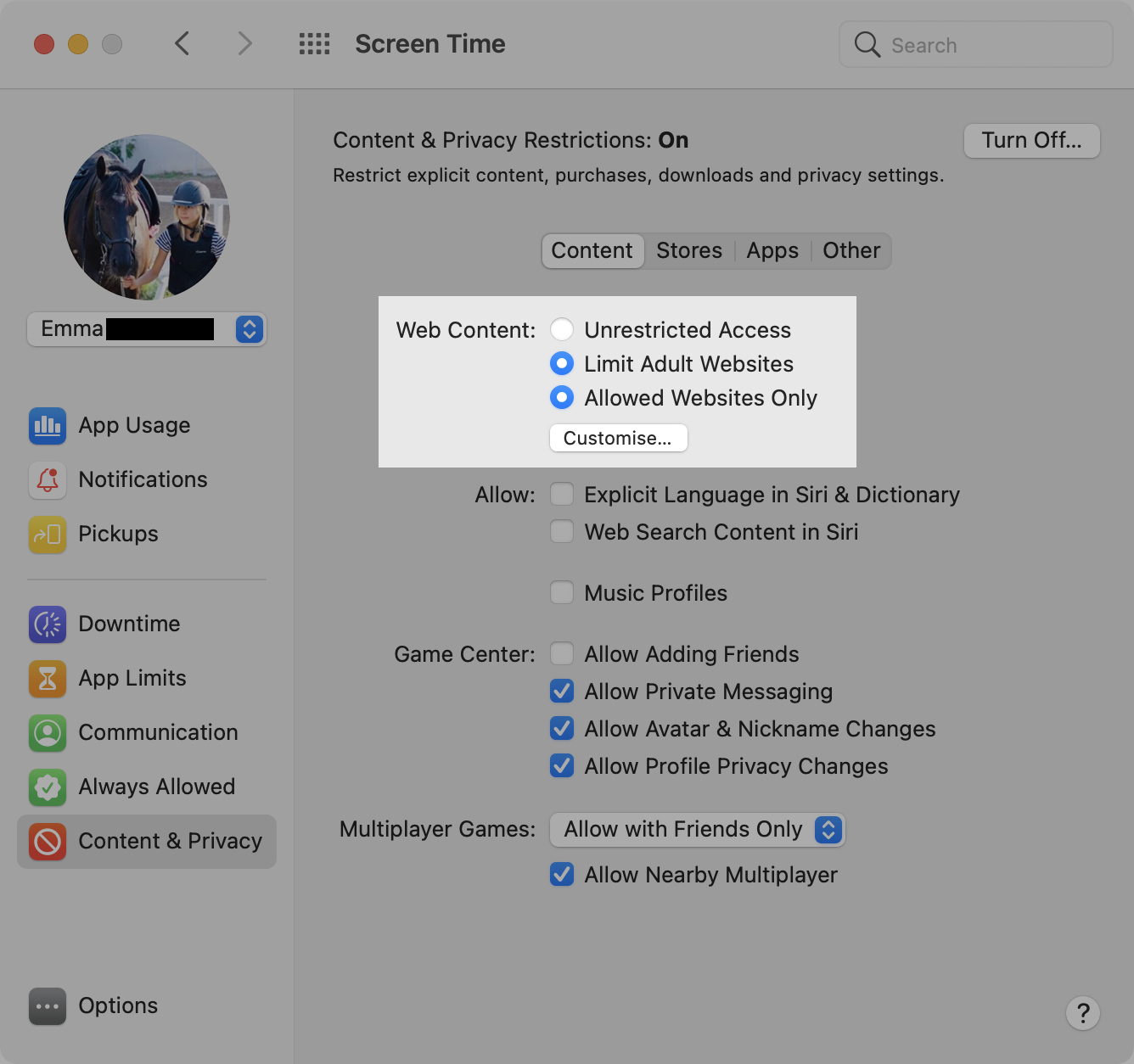 Screen Time settings