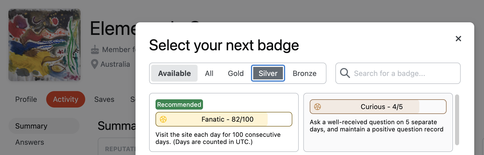 The Select your next badge popup with Silver selected, but gold and bronze badges still being displayed.