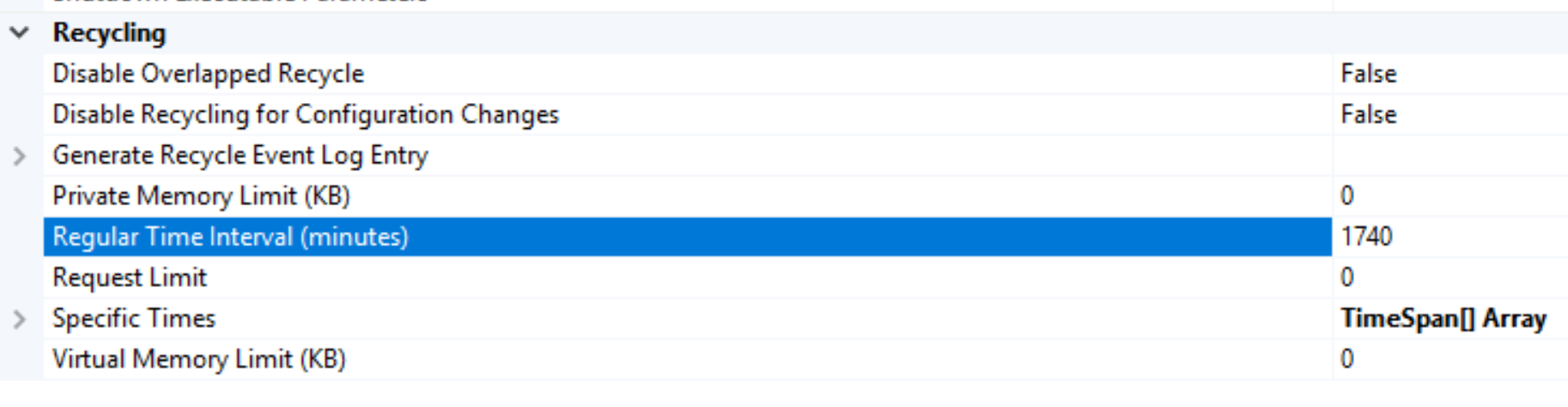 app pool recycle Regular Time Interval in minutes setting