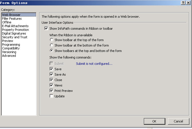 Form Options - Submit is not configured...