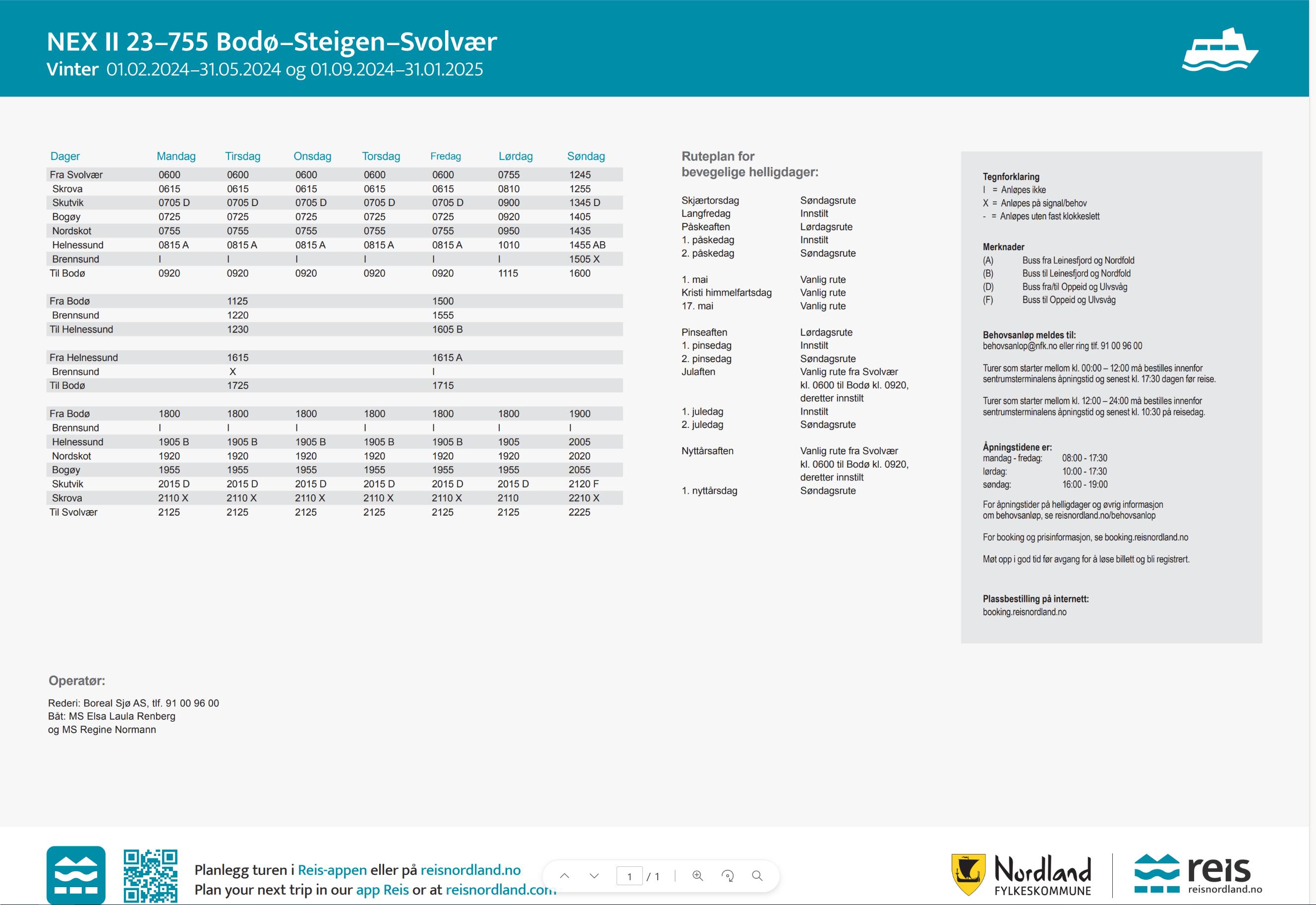 Bodø - Svolvær timetable screenshot