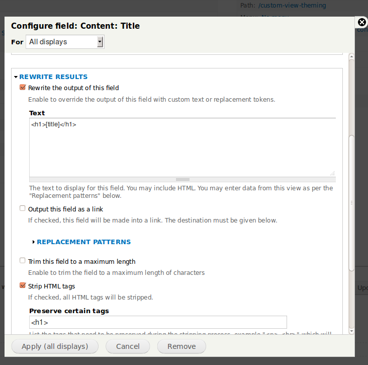 Screen shot on configuring the fields