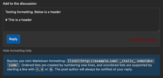 Add to the discussion showing "Invalid formatting" error