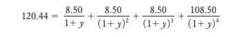 present value of a 8.5% coupon bond (sold at a premium to face value of 100)