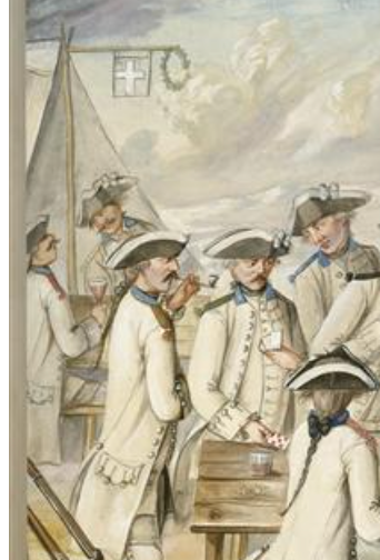 A scene of an 18th century french military camp depicting soldiers socializing