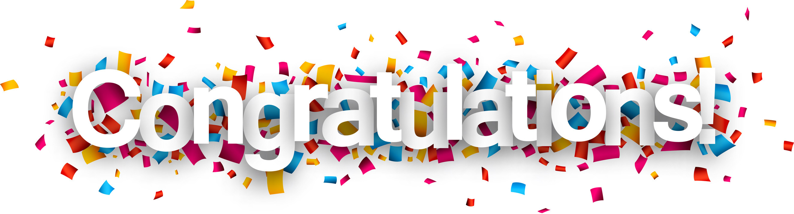 Banner that reads "Congratulations" in three-dimensional white text with red, yellow and blue confetti.